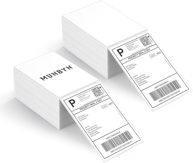 MUNBYN 4x6 Inch Thermal Labels, 1000 Labels/2 Stacks(500 Pcs per Stack) | 4"x6" Fanfold Shipping Labels, No BPA and BPS, Print Clear and Sharp, Strong Adhesive, Compatible with Most Thermal Printers