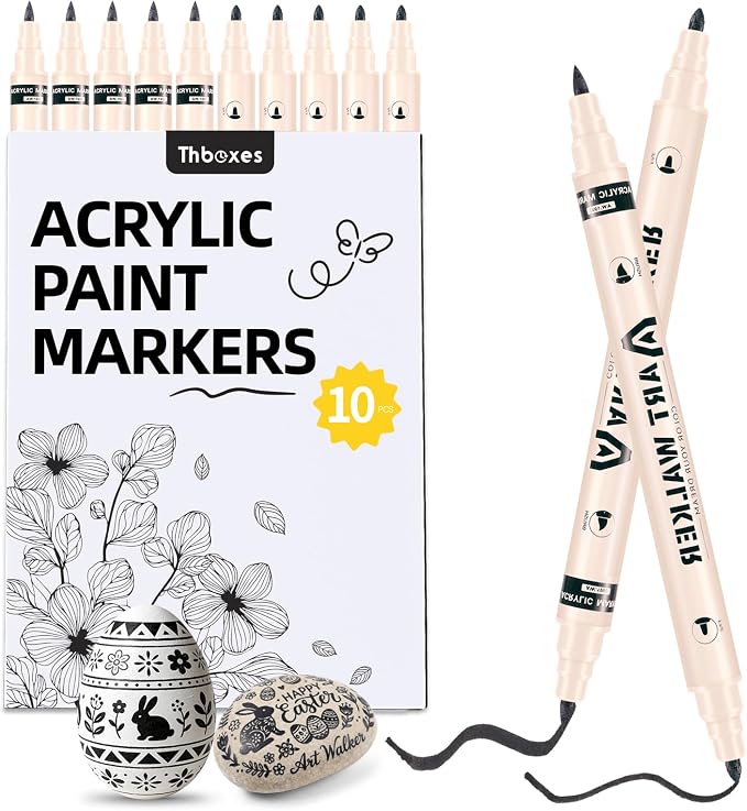 Thboxes Black Paint Markers 10 Pack, Dual Tip Acrylic Paint Pens | Fine & Brush Tips, Water-Based Quick-Dry Ink, Works on Wood, Glass, Rock, Fabric, Plastic, Canvas and More