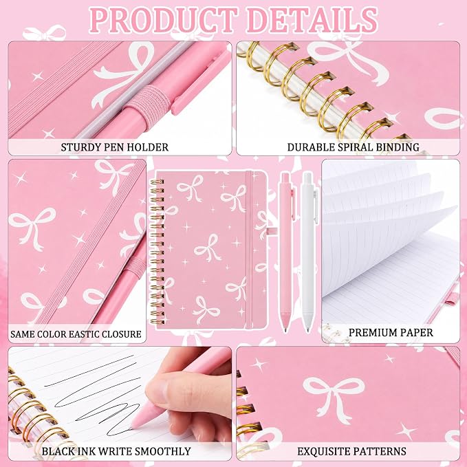 Fulmoon 24 Set Pink Bow A6 Spiral Notebook with Ballpoint Pens 50 Sheets, 4"x 6" Small Bow College Ruled Notepads Journaling Notebooks Bulk for Back to School Supplies Offices Team Coquette Gifts
