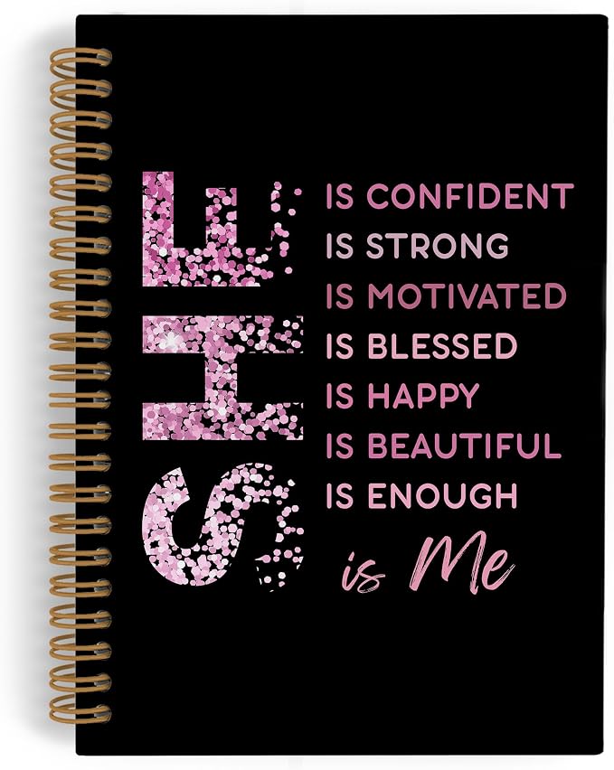 QLMX She Is Me Affirmations Spiral Notebook, Pink Black Inspirational Self Care A4 Journal Notebook, Positive Notebooks for School Work, Self Love Office Supplies Gifts for Women Girls, 8.3x11.7 Inch