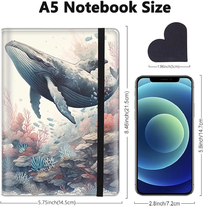 A5 Leather Lined Journal Notebook, 200 Pages Hardcover Executive Notebook for Men Women Office School Note Taking, Thick Writing Paper Daily Journal with Bookmarks/Indexes, Whale Attractive