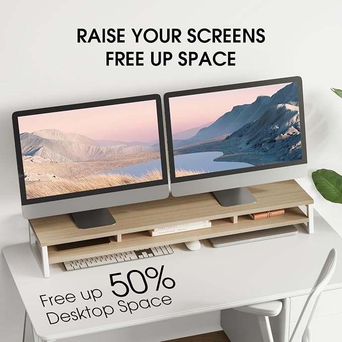 Fenge Dual Monitor Riser for Desk, Open Shelf with 3 Storage Compartments | 42.5in Computer Monitor Stand, 2-Tier Desk Shelf for Top of Desk,One-Piece Panel, fit Ultrawide Monitor, PC, Laptop, Oak