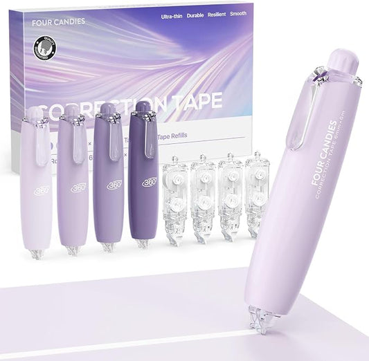 Four Candies Refillable Correction Tape, 4PCS White Tape with 4 Refills | Smooth White Pull-Out Tape for Instant Corrections, Easy to Use Applicator for Office, School Supplies (Purple)
