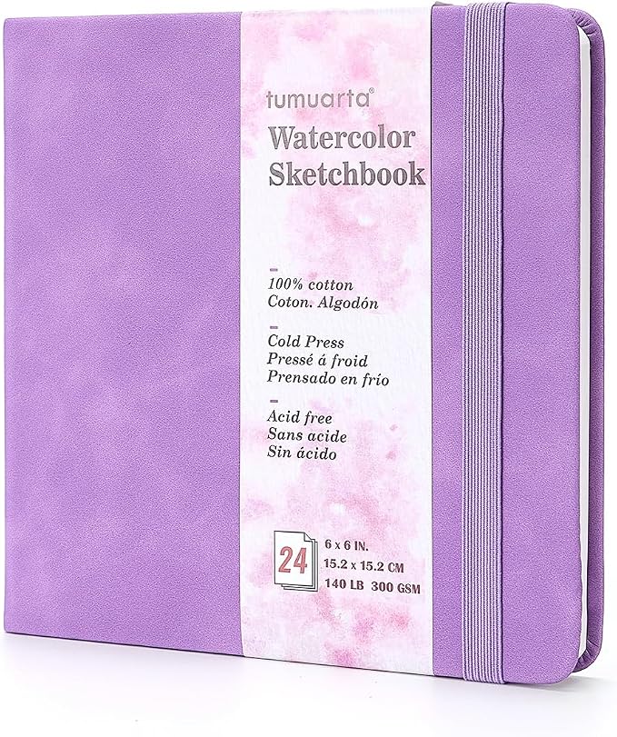 tumuarta Watercolor Sketchbook,140 LB, 300GSM, 100% Cotton, Cold Press | 6x6 in, Acid Free, 24 Sheets,48 Pages, Square Watercolor Journal for Use As Travel Notebook and Mixed Media Pad On The Go