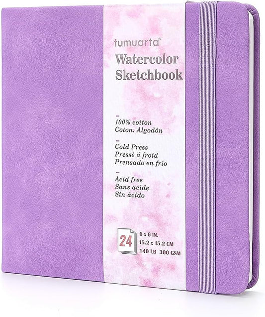 tumuarta Watercolor Sketchbook,140 LB, 300GSM, 100% Cotton, Cold Press | 6x6 in, Acid Free, 24 Sheets,48 Pages, Square Watercolor Journal for Use As Travel Notebook and Mixed Media Pad On The Go