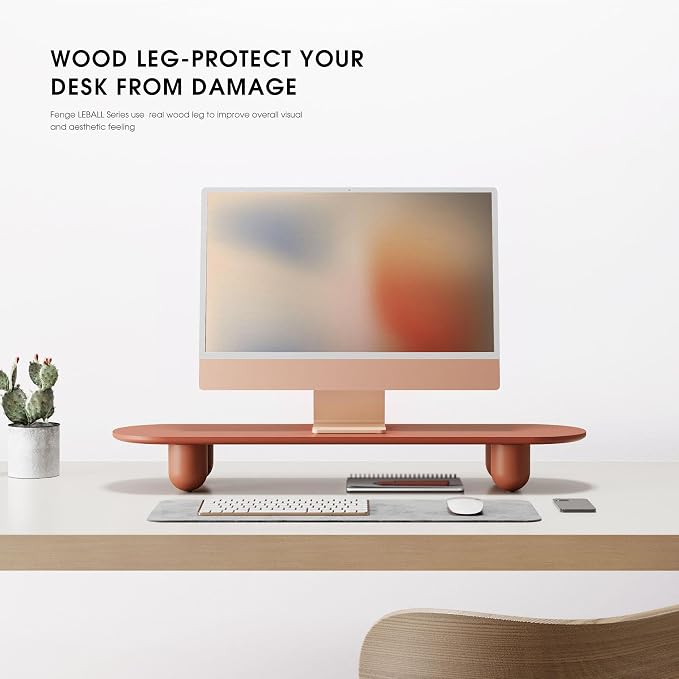 Fenge Computer Monitor Stand with Solid Beech Wood Legs, 34 Inch | Full-Red Finish Panel, 5-Min Tool-Free Assembly, Oval Monitor Riser for Art Spaces, Studios, Home Office