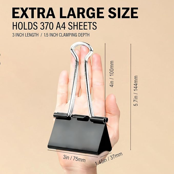 24 Pack 3 Inch Extra Large Binder Clips, Black Jumbo Binder Clips, Heavy Duty Paper Clamps, Big Metal Paper Clips for Office, Home, School, Art Supplies