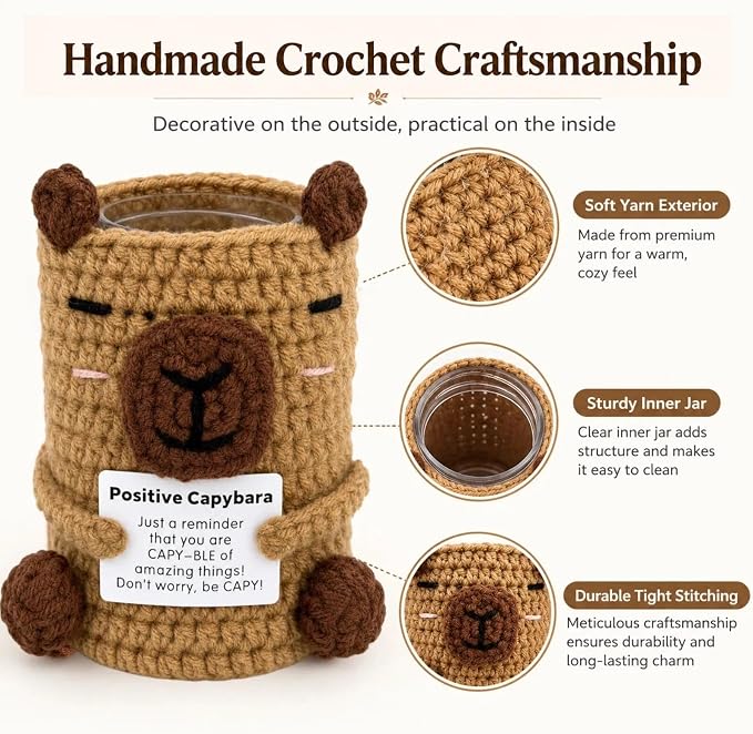 Positive Crochet Capybara Pen Holder - Cute Knitted Desk Organizer for Pens & Makeup Brushes, Funny Emotional Support Capybara Gift for Office & Teachers (Color‌1)