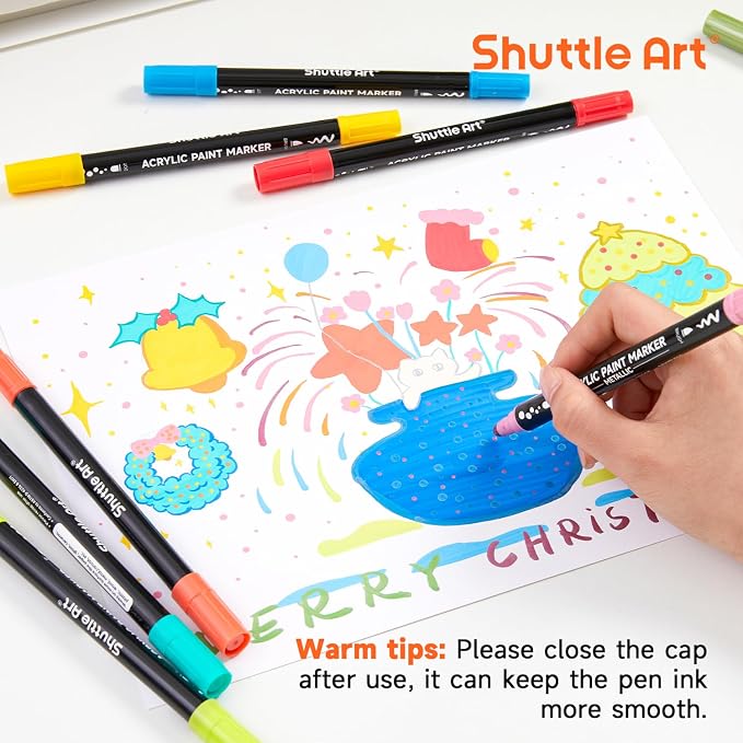 Shuttle Art 28 Colors Dual Tip Acrylic Paint Markers, Brush Tip and Dot Tip Acrylic Paint Pens for Rock, Ceramic, Wood, Canvas, Plastic, Glass, Stone, Calligraphy, Card Making, DIY Football Crafts