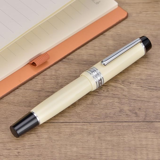 Wikult Yongsheng Junlai 930 Acrylic Fountain Pen, Size 9 Broad Nib with Piston Filling System, Ivory White Fence Ink Tank with Flat Top Design Smooth Writing Pen (Silver Trim)