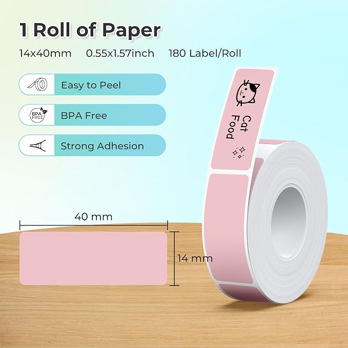 Nelko Genuine P21 Label Maker Tape, Adapted Label Print Paper, 14x40mm (0.55"x1.57"), Standard Laminated Labeling Replacement, Multipurpose of P21 Label Maker, 180 Tapes/Roll, 1 Roll, Pink
