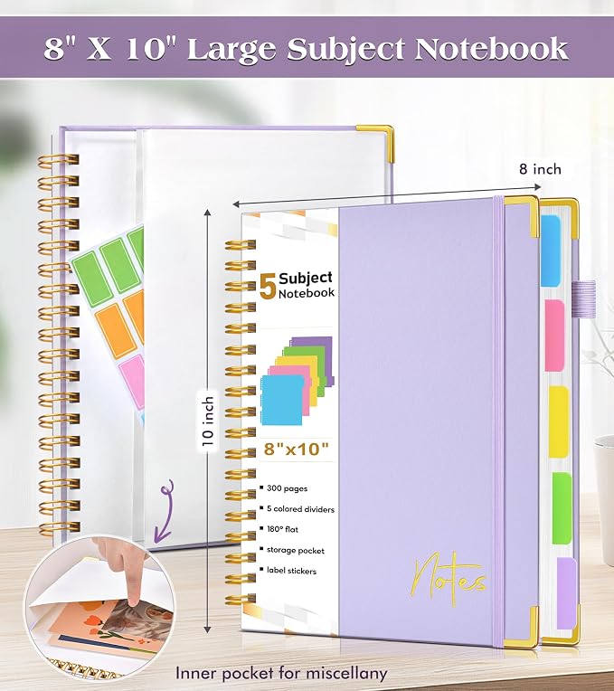 5 Subject Blank Notebook with Removable Dividers Tabs, 300 Pages Hardcover Leather Sketch Book Spiral Journal, 8"x10" B5 Large Sketchbook Notebooks for Women Men Work School Sketching Drawing, Purple