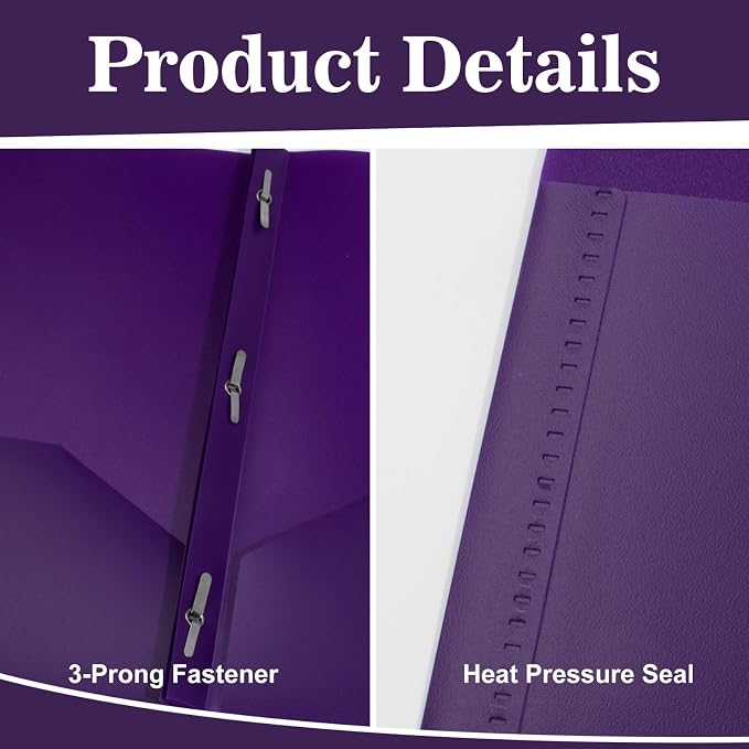 60-Pack Plastic Folders with Pockets and Prongs, 2-Pocket Poly Folders with 3 Fasteners Holds 8-1/2" x 11" Paper for School/Office/Home, Purple
