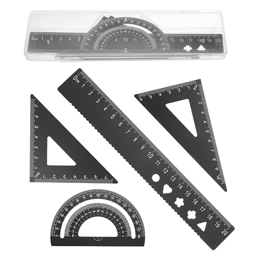 PATIKIL 4 Pcs Geometry Drafting Tool, Aluminum Alloy Geometry Kit Math Tool Includes 20cm L Ruler Protractor Triangles for Drafting Angle Measure Simple Science Experiment, Black