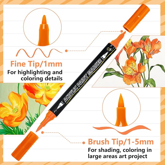 100-Pack Acrylic Paint Pens, Dual Tip with Brush & Fine, Carrying Case | 88 regular +12 metallic color, Ideal for rock, canvas, wood, fabric, Black Paper, Photo Album, Card Making, DIY Crafts