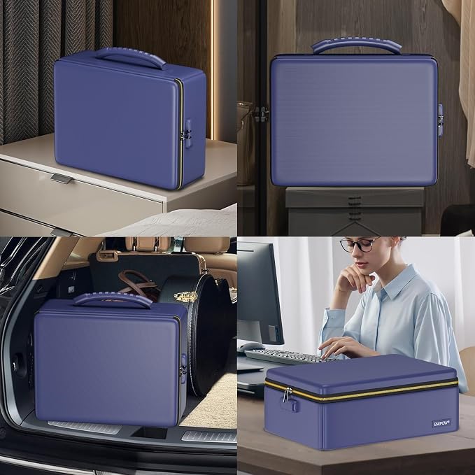 ENGPOW Fireproof Document Box with Lock & Heat-Resistant Fireproof Zipper | 6400°F 12-Layer Fire Protection, Hard File Organizer with Pockets, Portable Home Chest Safe Storage for Money,Jewelry, Blue