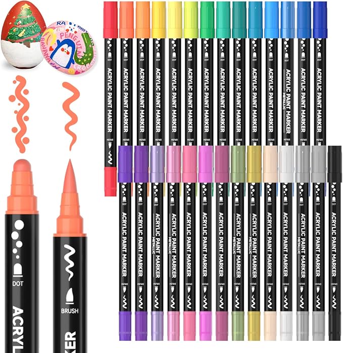 Shuttle Art 28 Colors Dual Tip Acrylic Paint Markers, Brush Tip and Dot Tip Acrylic Paint Pens for Rock, Ceramic, Wood, Canvas, Plastic, Glass, Stone, Calligraphy, Card Making, DIY Football Crafts