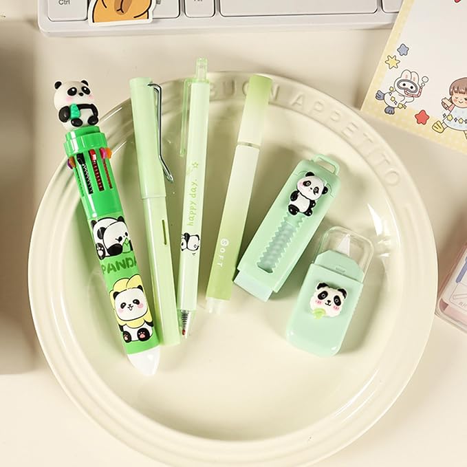 MOZXIRZ 6 Pcs Cute Panda Stationery Set for Women Back to School Supplies Office Supplies Including Gel Ink Pens Ballpoint Pens Pencil Eraser (Panda)