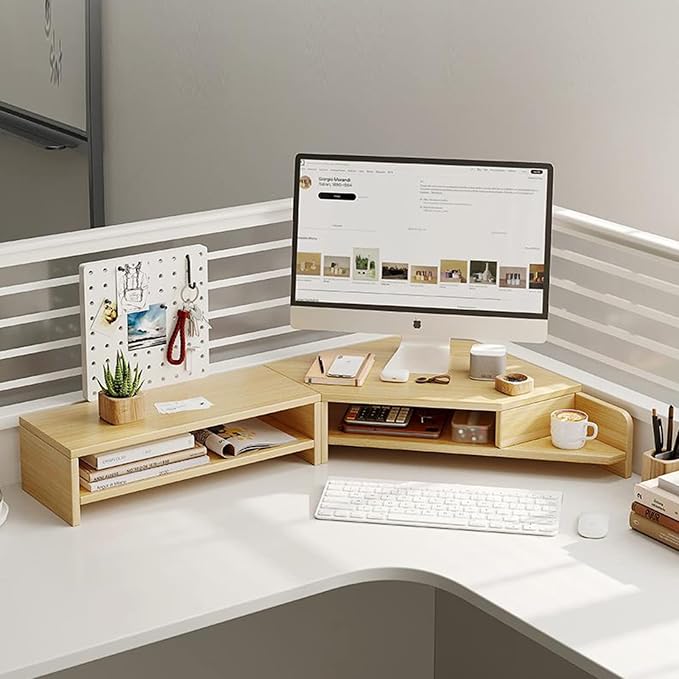 ROYUMI Double Layer Wooden Corner Monitor Stand, Monitor Riser for L Shaped Desk, Corner Laptop Stand with Slots, Space Saving Corner Desk Riser
