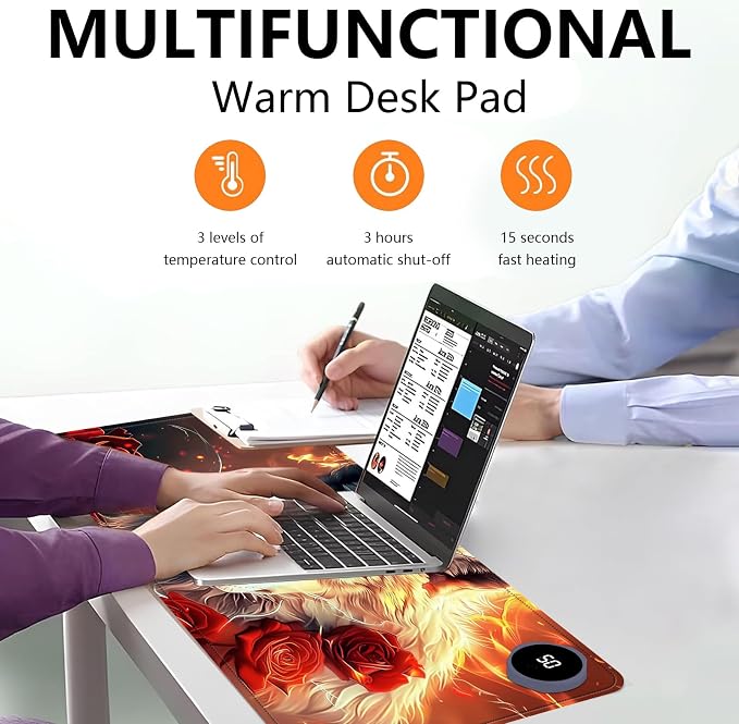 Heated Mouse Pad with 3 Levels Heated & 3 Hours Auto Shut-Off Mouse Pad for Warming Hands in Office Home, 31.5" x 13"Large Safe Desk Mat Hand Warmer，Wolf Rose