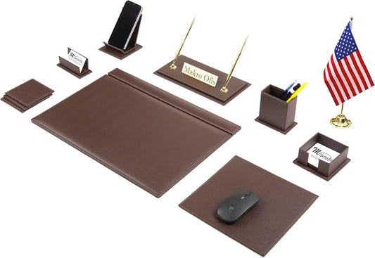 Venus Bonded Leather Executive Desk Set – 12-Piece Luxury Desk Organizer with Desk Mats, Mouse Pad, Name Plate, Pens & Office Accessories (5 Color Options)