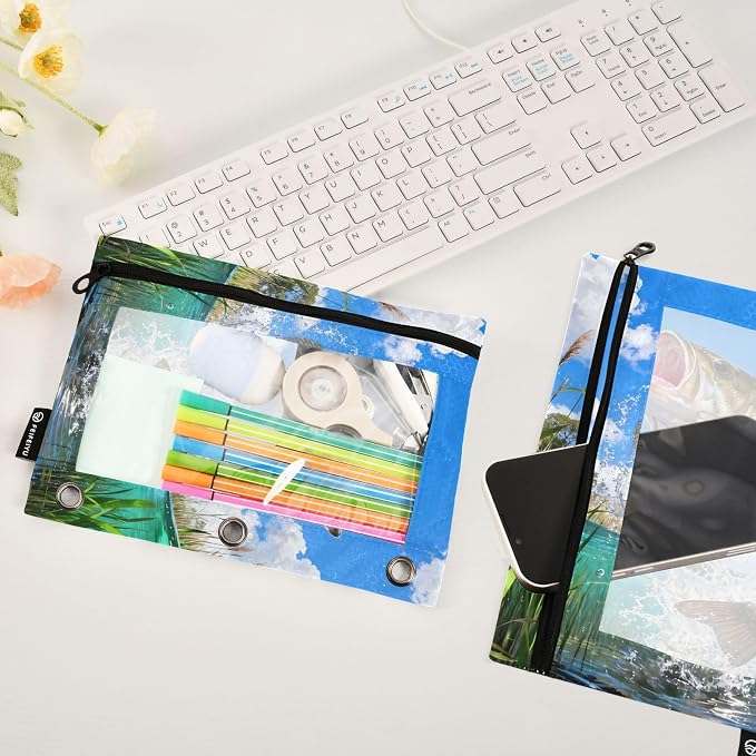 Largemouth Bass Fish Pencil Pouches for 3 Ring Binder, Zipper Binder Pencil Case, 2 Pack Clear Window Case Bag for Office Organizers