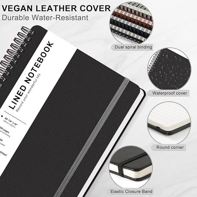 ABERLLS Lined Spiral Journal Notebook with 160 Pages, 7.8×10in, B5 Spiral Notebook, Journaling Notebooks for Work, School, Women, Men, College Ruled Spiral Notebook, Hardcover Leather Journals, Black