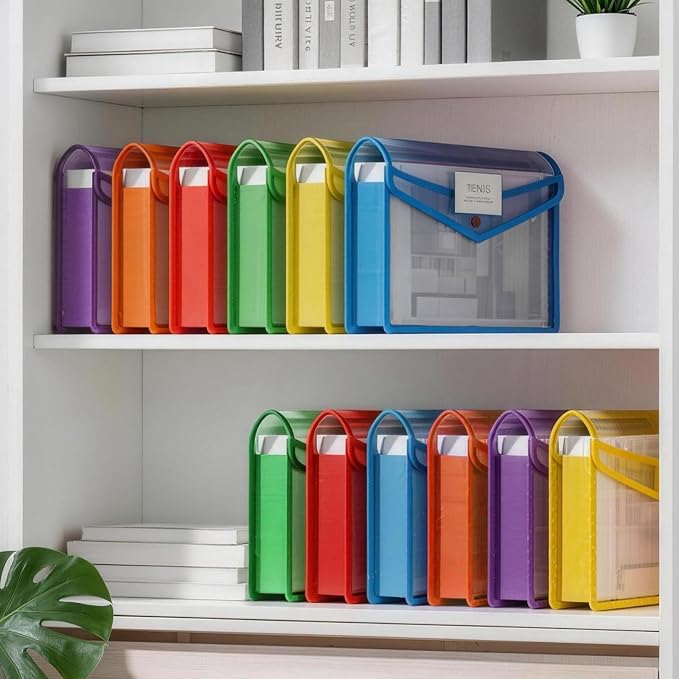 AZEN 12 Pack Plastic Expanding File Folder, Plastic Envelopes with Snap Closure for Documents, Accordion Folder Organizer for File Folder, No Dividers, Fit Letter/A4 Size