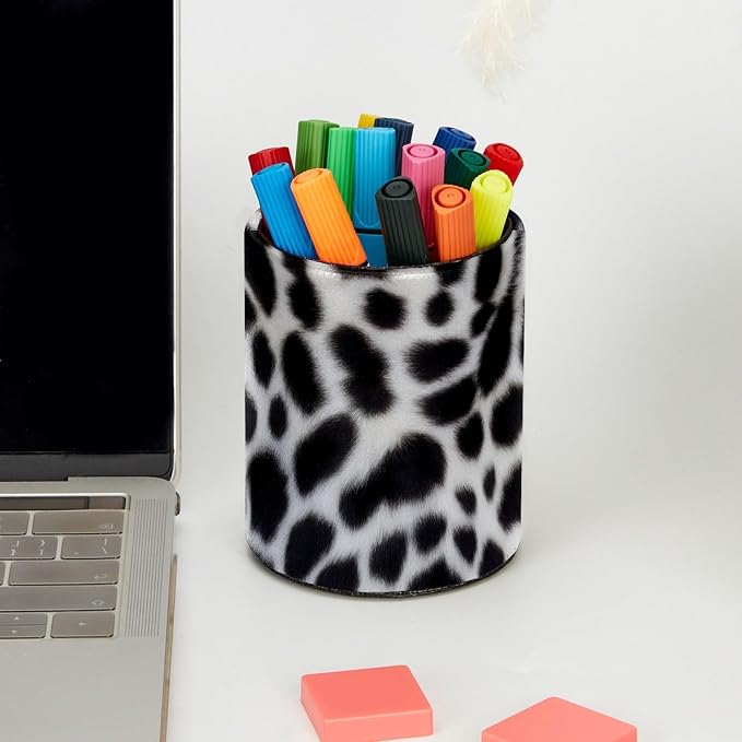 Black Leopard Print Leather Pen Holder for Desk, Multifunctional Desktop Organizer Pencil Cup, Desktop Caddy Stationery Organizer for School Home Office Desk Accessories
