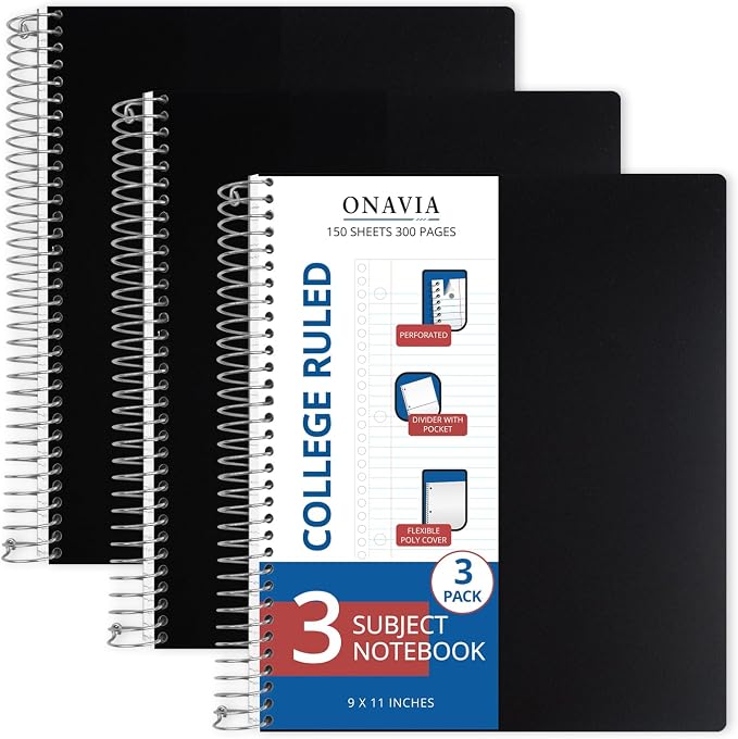 ONAVIA 3 Subject Spiral Notebook College Ruled, 300 Pages | 150 Sheets, 9 x 11 in, Waterproof Plastic Cover, Durable, 3-Hole Punched, Dividers, Double-Sided Pockets