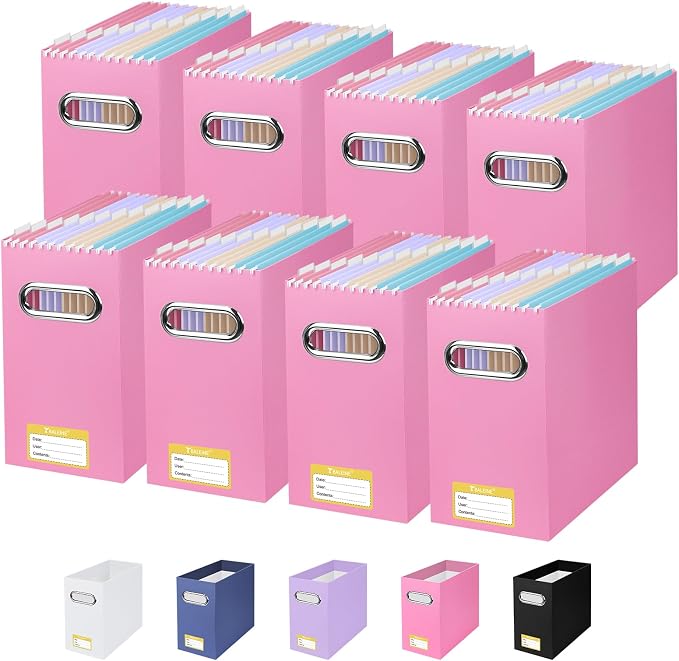 BALEINE File Organizer Box, Cardboard File Folder Organizer with Handle for Letter Size, Portable Collapsible Hanging Filing Box for Home Office Document Storage (8 Pack, Pink)