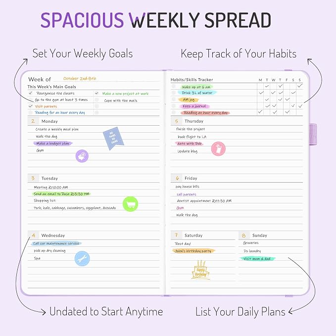 Undated Weekly Planner for 2026, Forvencer Simplified Weekly & Monthly Calendar Planner, Cute Daily Organizer Notebook, Agenda Journal to Track Goals & Tasks, Start Anytime, A5 Size, Pink