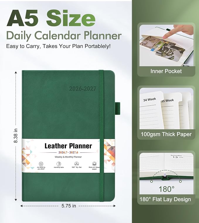 Planner 2026-2027, Academic Weekly and Monthly Calendar Planner from July 2026 - June 2027, Hardcover Leather Daily Agenda Book with Tabs, College School Organizer for Student Teacher, A5 (5.75" x 8.38"), Green