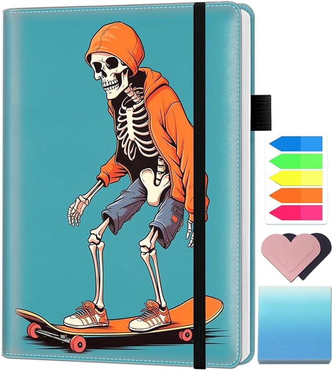 A5 Leather Lined Journal Notebook, 200 Pages Hardcover Executive Notebook for Men Women Office School Note Taking, Thick Writing Paper Daily Journal with Bookmarks/Indexes, Skateboard Skeleton