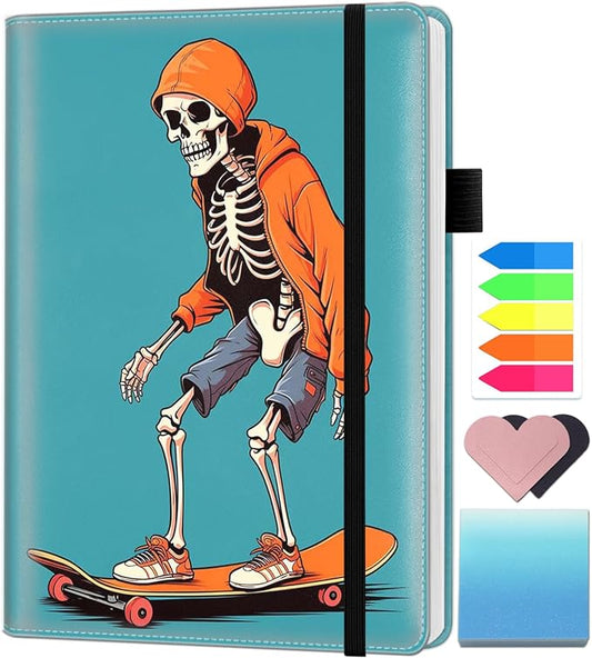 A5 Leather Lined Journal Notebook, 200 Pages Hardcover Executive Notebook for Men Women Office School Note Taking, Thick Writing Paper Daily Journal with Bookmarks/Indexes, Skateboard Skeleton