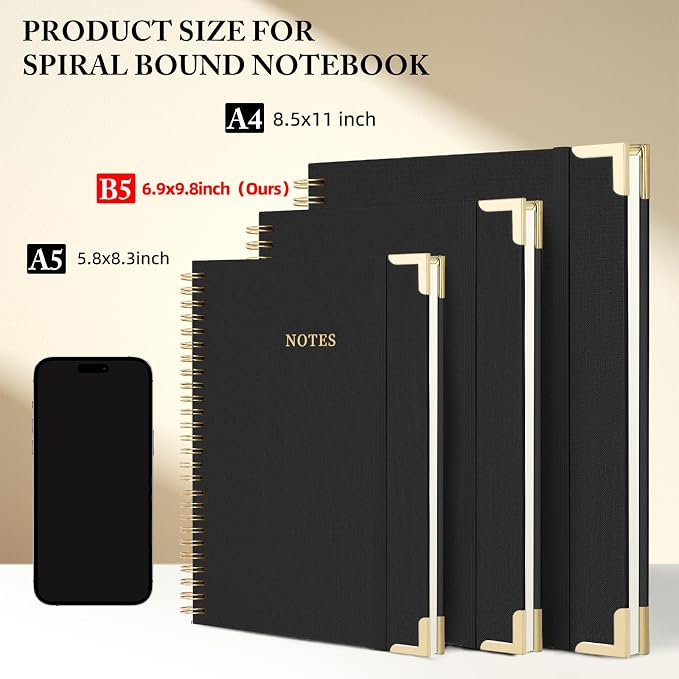 B5 Spiral Notebook Journal, (6.9×9.8'' ) 100 Pages 50 Sheets Linen Hardcover College Ruled Journaling For Work & Note Taking Thick Spiral Journal For Writing Daily Journal For Women & Men -Black