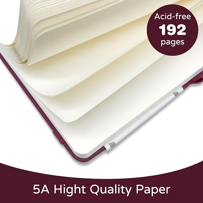 Blank Journal Notebook, A5, 192 Pages 100 GSM Thick Sketch Book for Women Men, Hardcover Leather Unlined Journaling for Work, Notebooks for Writing, 5.8 inches x 8.5 inches (Burgundy)