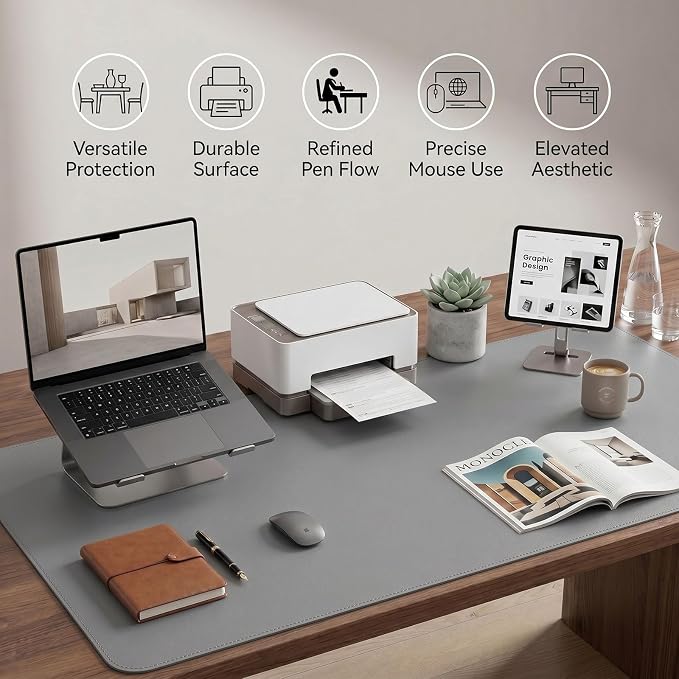 Large Desk Pad Non-Slip Desk Mat Protector for Keyboard Mouse Waterproof Vegan Leather Surface Faux Leather Laptop Mat Smooth Mouse Pad Premium Gift Tube Mist Gray 31.5" x 15.7"