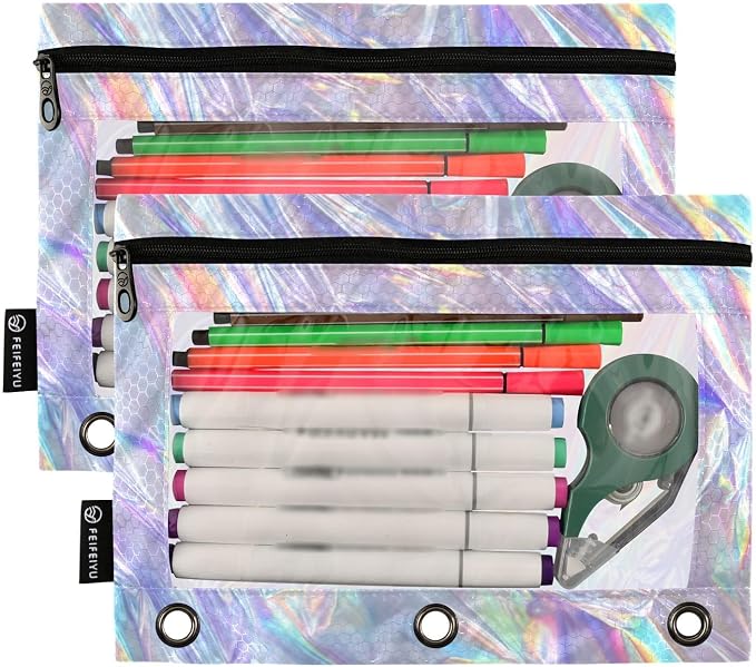 ALAZA Holographic Neon Iridescent Pattern Pencil Pouch for 3 Ring Binder 2 Pack Zipper Binder Pencil Bag Case with Clear Window Office Supplies