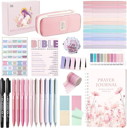 XKDOUS Bible Study Supplies Journaling Kit for Women, Bible Study Kit Journaling Supplies Includes Prayer Journal, Highlighters, Emergency Card, Pencil Case and More, Christian Gifts for Women, Pink