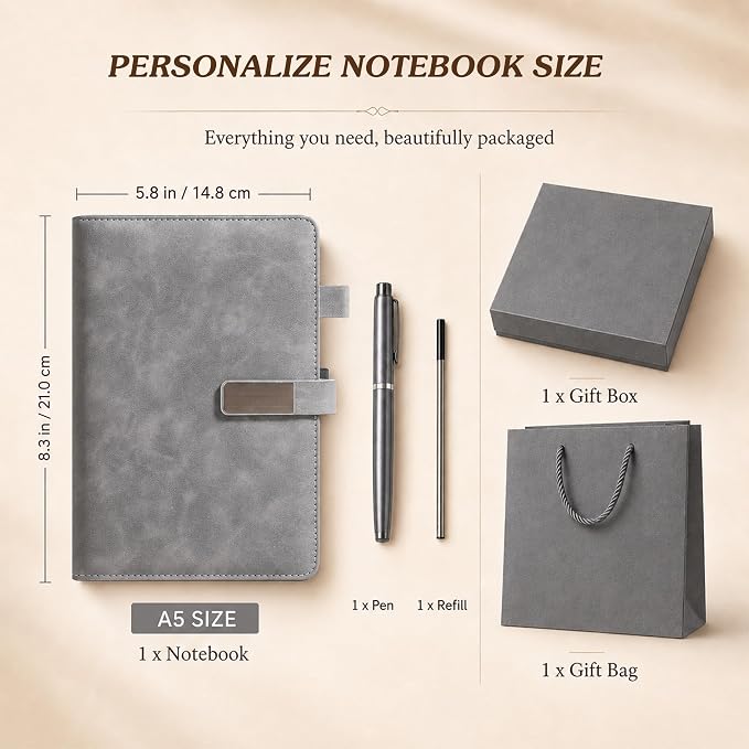 CRME Personalized Leather Journal with Pen and Gift Box,Custom Engraved Leather Notebook,A5 Lined Executive Journal for Men Women Work Business Travel,Grey