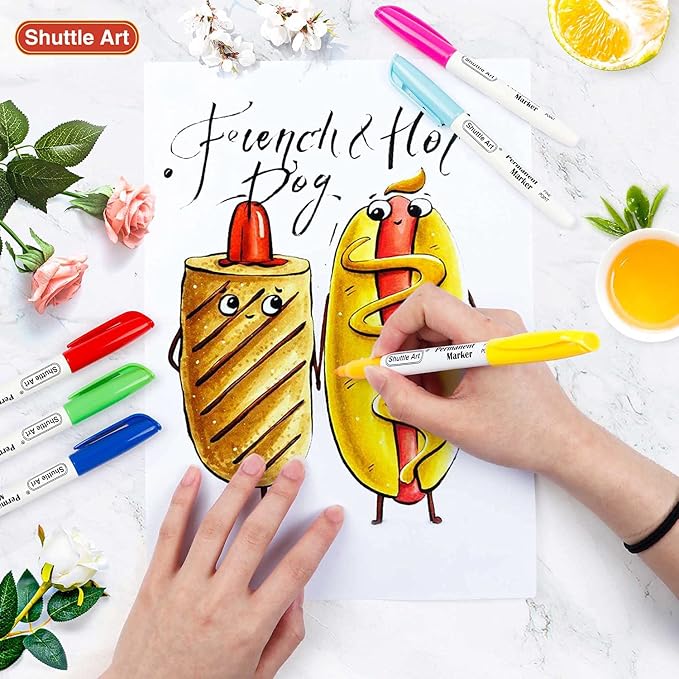 Shuttle Art Permanent Markers, 48 Colors Fine Point, Assorted Colors with Travel Case, Ideal for Adults Coloring Doodling on Plastic, Glass, Wood and Stone, Gift for Students