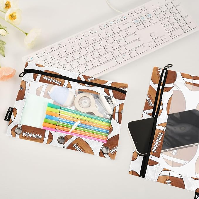 American Football Pencil Pouches for 3 Ring Binder, Zipper Binder Pencil Case, 2 Pack Clear Window Case Bag for Office Organizers