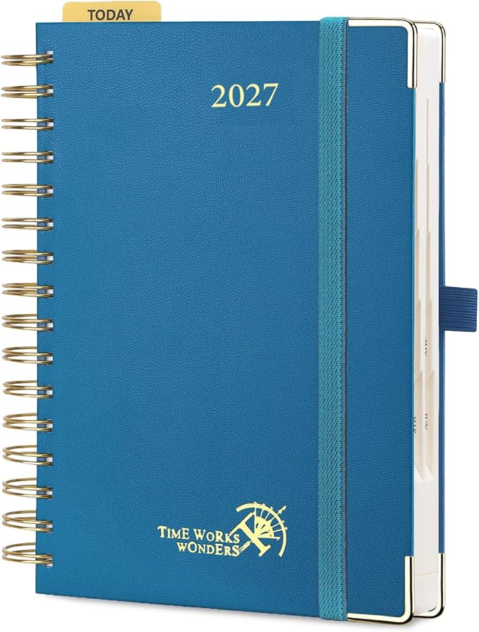 POPRUN 2027 Daily Planner One Page Per Day, 5.75" x 8.5", Calendar Book from Jan 2027 - Dec 2027, Hardcover Appointment Book with Hourly Time Slots, Spiral Bound, Monthly Tabs - Night Sky Blue