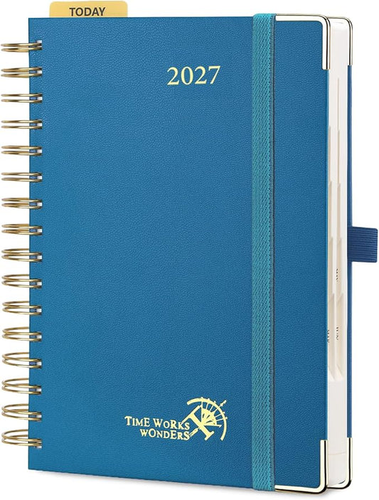 POPRUN 2027 Daily Planner One Page Per Day, 5.75" x 8.5", Calendar Book from Jan 2027 - Dec 2027, Hardcover Appointment Book with Hourly Time Slots, Spiral Bound, Monthly Tabs - Night Sky Blue