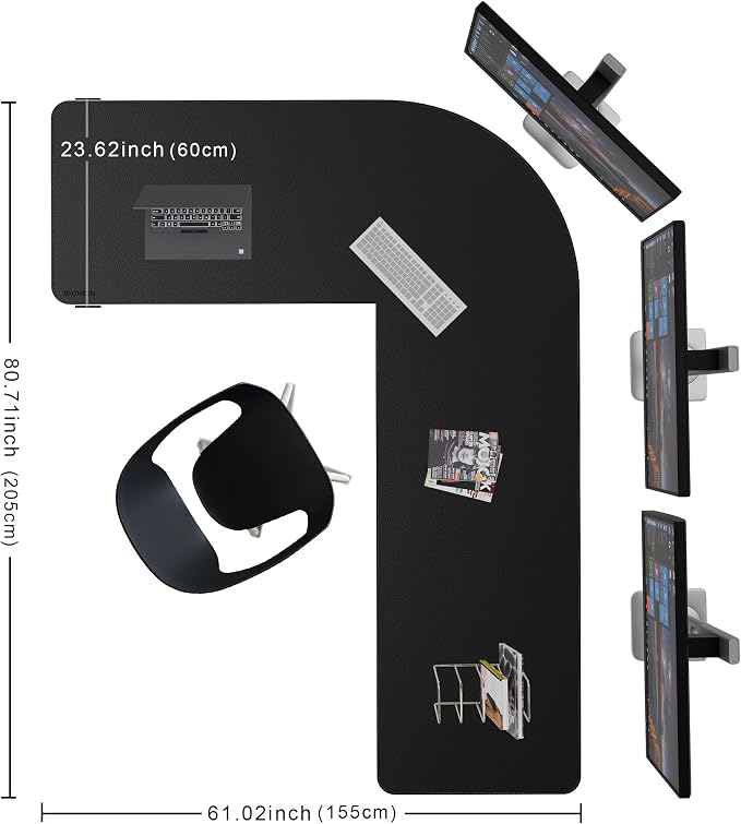 Chihein PU Leather L-Shaped Desk Mat 61" x 80.7" x 23.6" Black | Large Corner Desk Pad Protector, Dual-Side Mouse Pad, Waterproof & Stainproof Worksurface, Non-Slip Base for Office Home