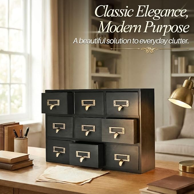 Flexzion Apothecary Cabinet with Drawers - 9 Vintage Drawers, Card Catalog Cabinet, Black Wooden Tabletop Desktop Organizer for Home Office, Jewelry, Makeup, Tools & Small Item Storage