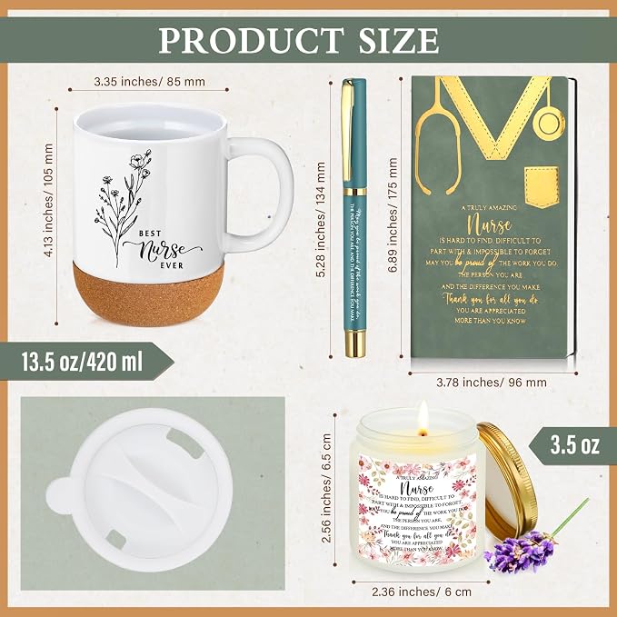 Sayglossy 4 Pcs Nurse Gifts Set for Women Men Nicu Practitioner School Nurses PU Leather Notebook Coffee Mug Scented Candle Ballpoint Pen for CNA RN Gifts Nurse Retirement Birthday Teacher Coworker