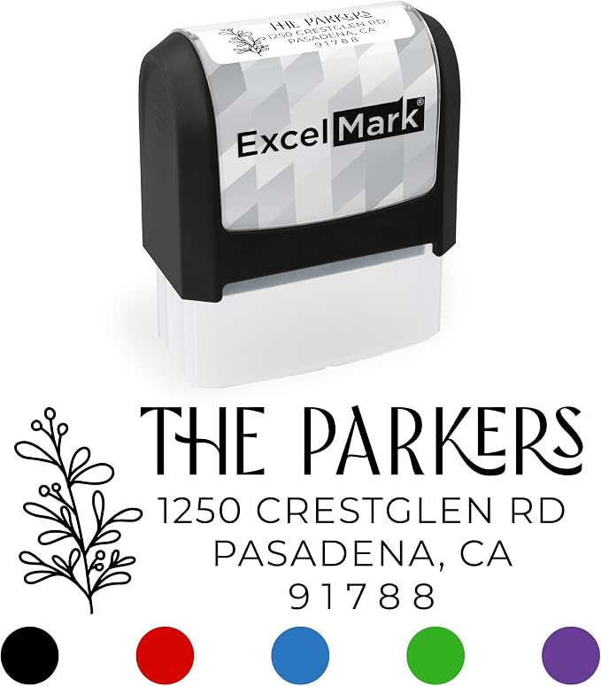 ExcelMark Address Stamp - Custom Return Address Stamp with Elegant Designs, Vibrant Colors & Patterns – Perfect for Mail, Invitations & Gifts (Black, Foliage Edge)