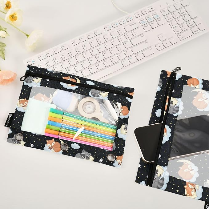 Emelivor Cute Fox Clouds Pencil Pouch for 3 Ring Binder 2 Pcs Binder Pouches with Zipper Pocket Pencil Case Bag with Clear Window for Storing College Office Supplies